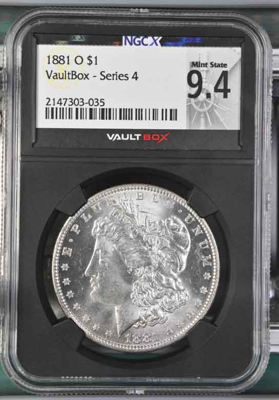 1881-O $1 Morgan Silver Dollar NGCX Mint State 9.4 Vaultbox Series 4