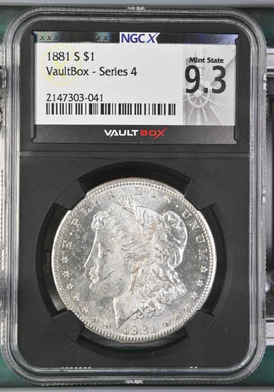 1881-S $1 Morgan Silver Dollar NGCX Mint State 9.3 Vaultbox Series 4