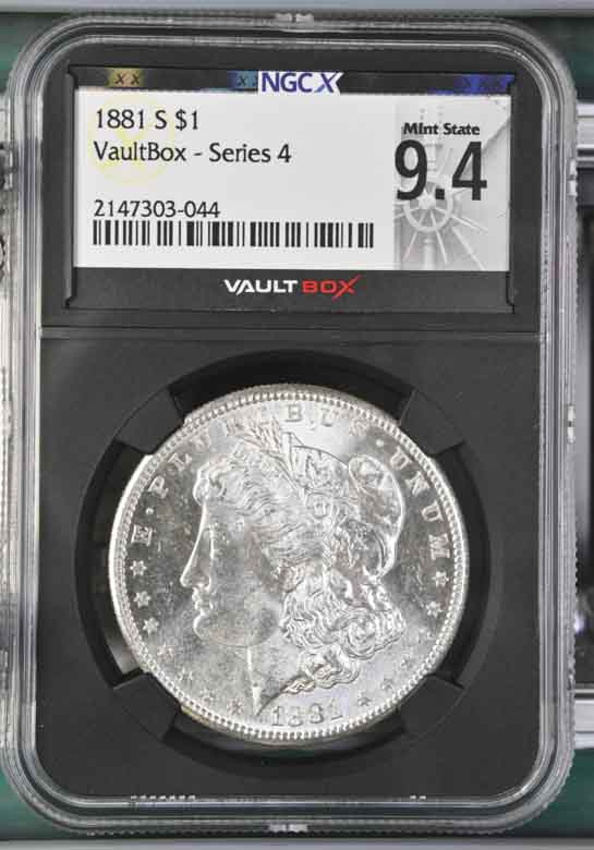 1881-S $1 Morgan Silver Dollar NGCX Mint State 9.4 Vaultbox Series 4