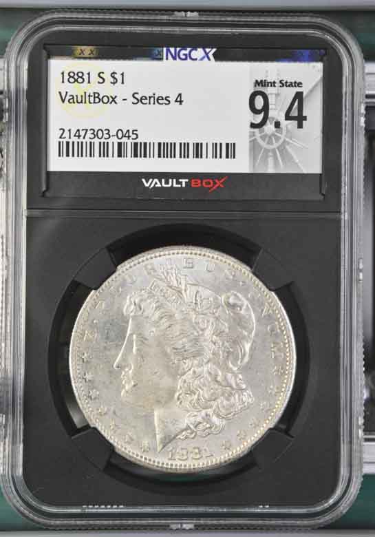 1881-S $1 Morgan Silver Dollar NGCX Mint State 9.4 Vaultbox Series 4