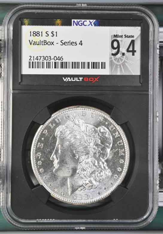 1881-S $1 Morgan Silver Dollar NGCX Mint State 9.4 Vaultbox Series 4