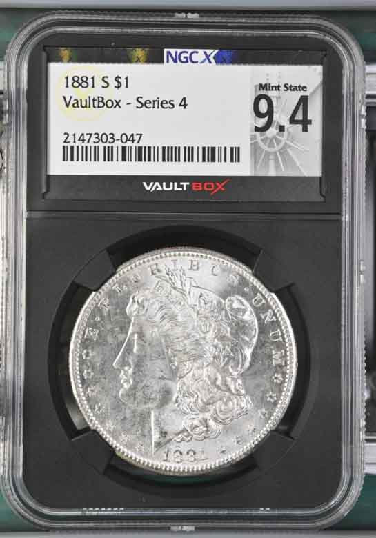 1881-S $1 Morgan Silver Dollar NGCX Mint State 9.4 Vaultbox Series 4