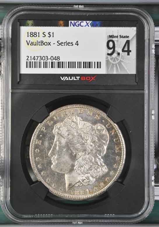 1881-S $1 Morgan Silver Dollar NGCX Mint State 9.4 Vaultbox Series 4