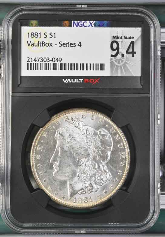 1881-S $1 Morgan Silver Dollar NGCX Mint State 9.4 Vaultbox Series 4