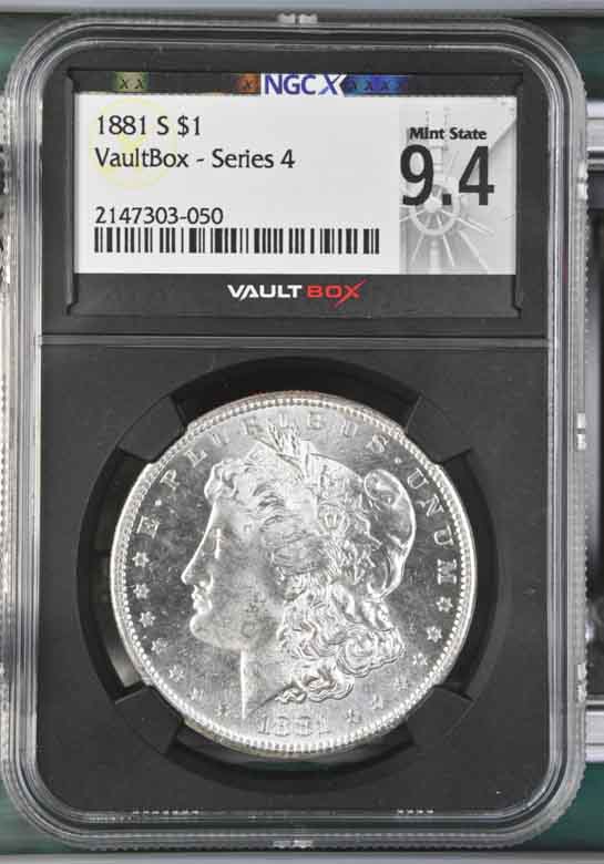 1881-S $1 Morgan Silver Dollar NGCX Mint State 9.4 Vaultbox Series 4