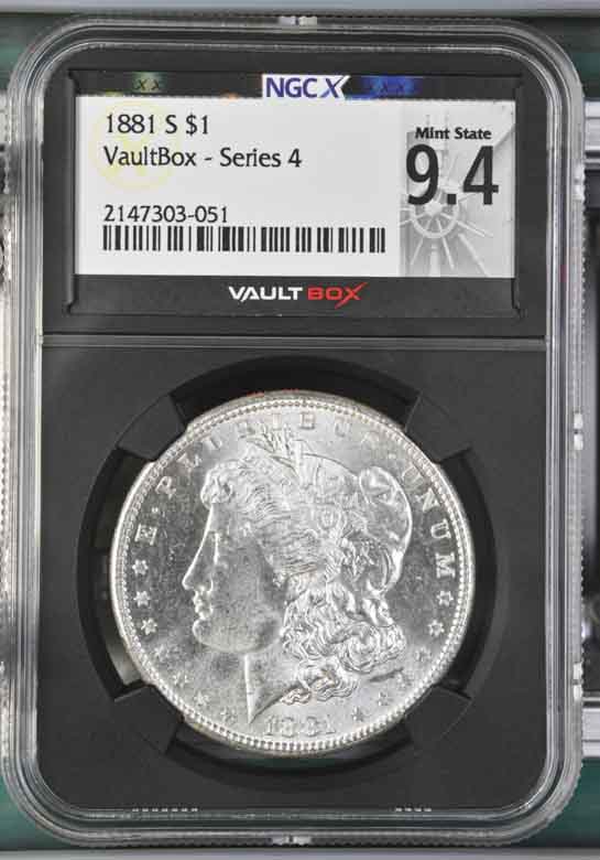 1881-S $1 Morgan Silver Dollar NGCX Mint State 9.4 Vaultbox Series 4