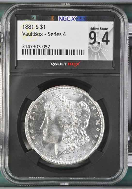 1881-S $1 Morgan Silver Dollar NGCX Mint State 9.4 Vaultbox Series 4