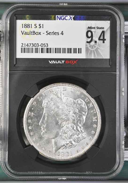 1881-S $1 Morgan Silver Dollar NGCX Mint State 9.4 Vaultbox Series 4