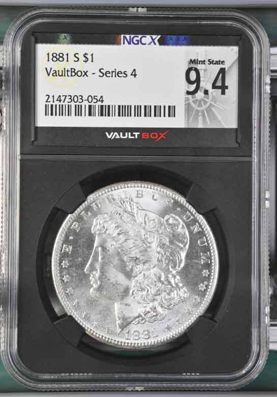 1881-S $1 Morgan Silver Dollar NGCX Mint State 9.4 Vaultbox Series 4
