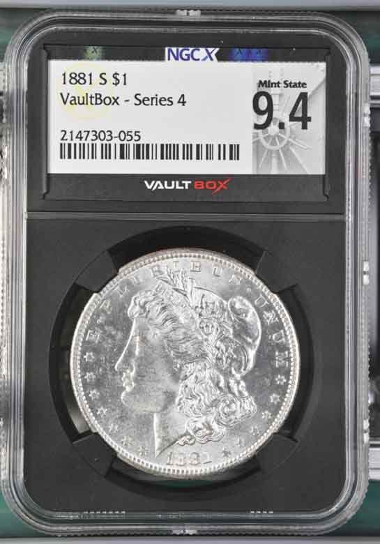 1881-S $1 Morgan Silver Dollar NGCX Mint State 9.4 Vaultbox Series 4