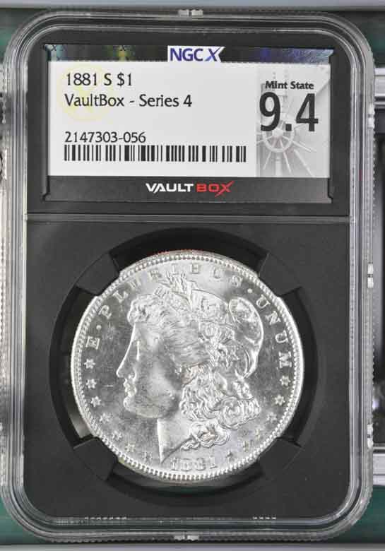 1881-S $1 Morgan Silver Dollar NGCX Mint State 9.4 Vaultbox Series 4