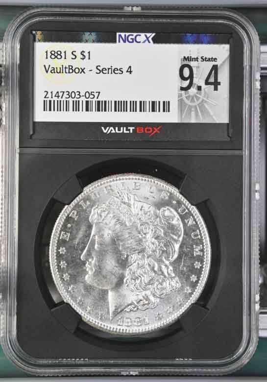1881-S $1 Morgan Silver Dollar NGCX Mint State 9.4 Vaultbox Series 4