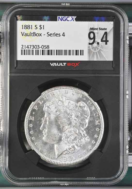 1881-S $1 Morgan Silver Dollar NGCX Mint State 9.4 Vaultbox Series 4