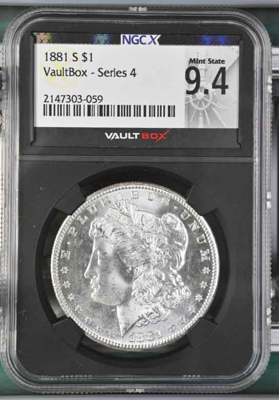 1881-S $1 Morgan Silver Dollar NGCX Mint State 9.4 Vaultbox Series 4