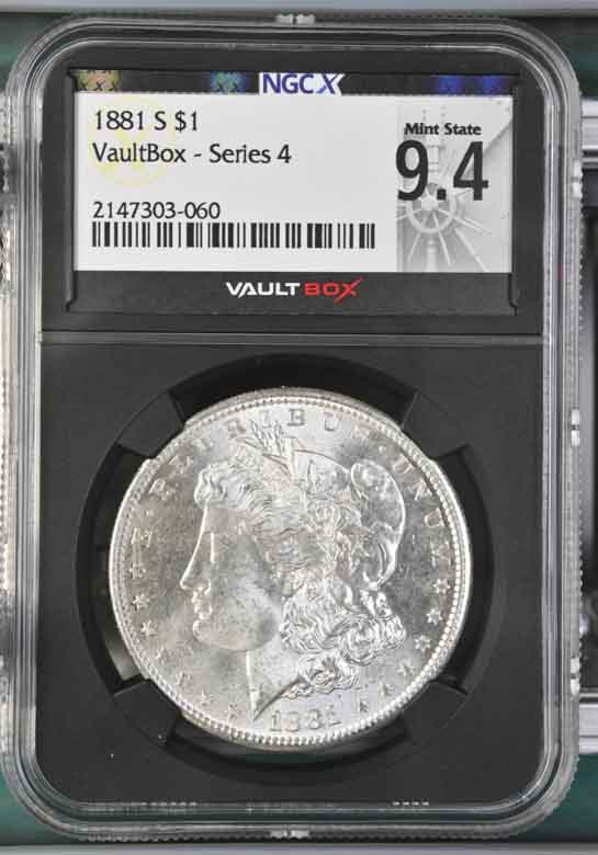 1881-S $1 Morgan Silver Dollar NGCX Mint State 9.4 Vaultbox Series 4