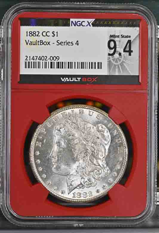 1882-CC $1 Morgan Silver Dollar NGCX Mint State 9.4 Vaultbox Series 4