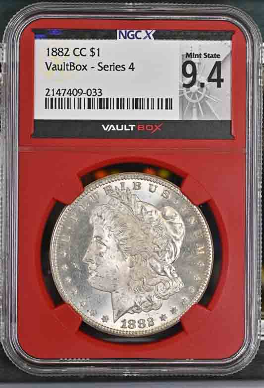 1882-CC $1 Morgan Silver Dollar NGCX Mint State 9.4 Vaultbox Series 4