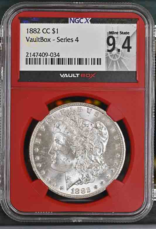 1882-CC $1 Morgan Silver Dollar NGCX Mint State 9.4 Vaultbox Series 4