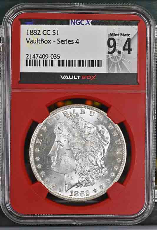 1882-CC $1 Morgan Silver Dollar NGCX Mint State 9.4 Vaultbox Series 4
