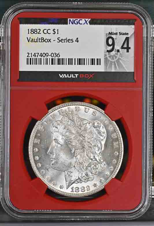 1882-CC $1 Morgan Silver Dollar NGCX Mint State 9.4 Vaultbox Series 4