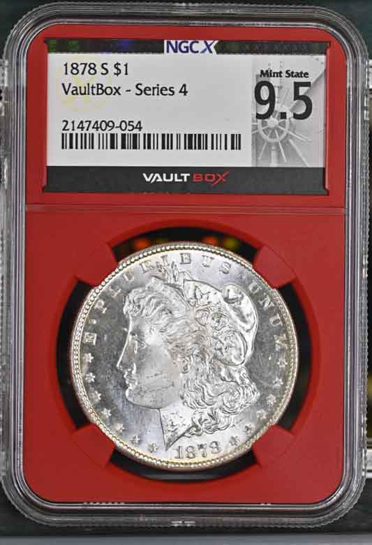 1878-S $1 Morgan Silver Dollar NGCX Mint State 9.5 Vaultbox Series 4