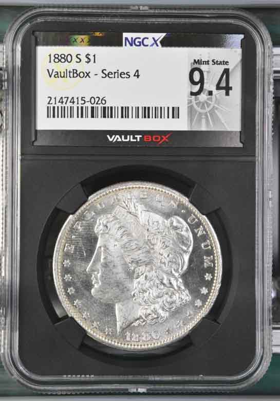 1880-S $1 Morgan Silver Dollar NGCX Mint State 9.4 Vaultbox Series 4