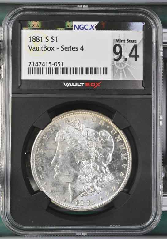 1881-S $1 Morgan Silver Dollar NGCX Mint State 9.4 Vaultbox Series 4