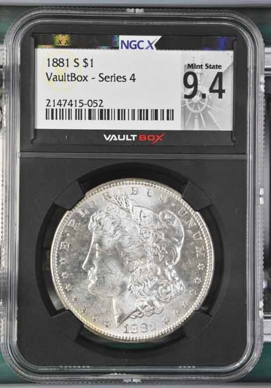 1881-S $1 Morgan Silver Dollar NGCX Mint State 9.4 Vaultbox Series 4