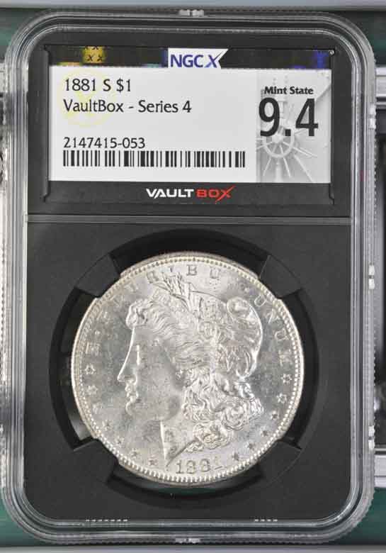 1881-S $1 Morgan Silver Dollar NGCX Mint State 9.4 Vaultbox Series 4