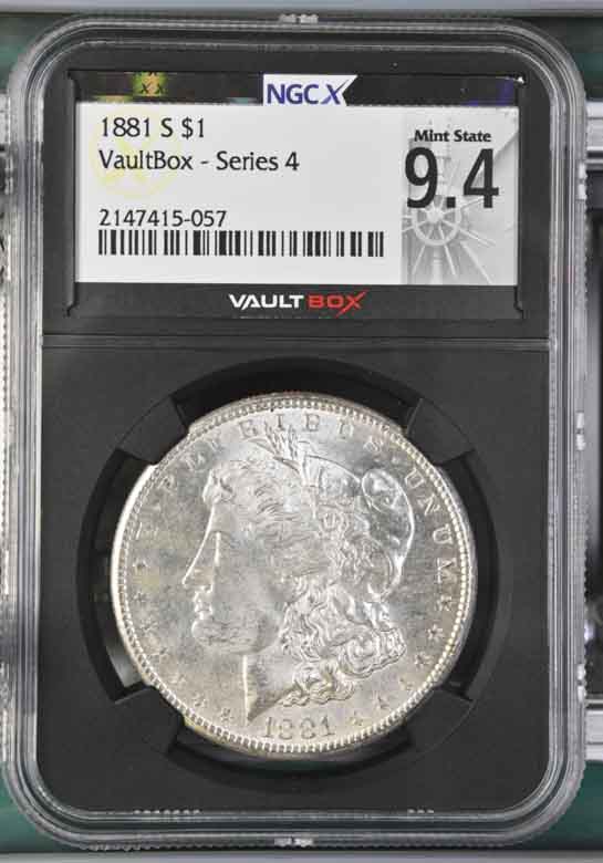 1881-S $1 Morgan Silver Dollar NGCX Mint State 9.4 Vaultbox Series 4