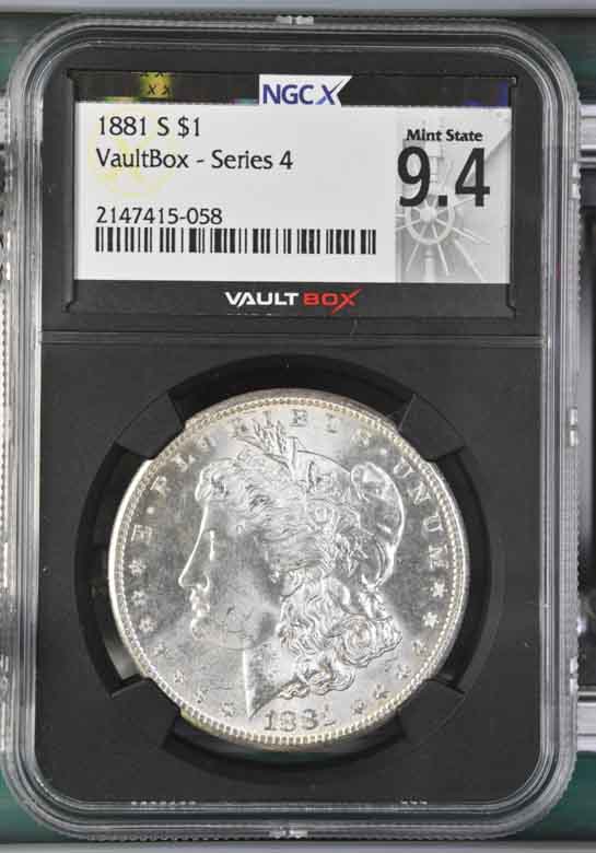 1881-S $1 Morgan Silver Dollar NGCX Mint State 9.4 Vaultbox Series 4