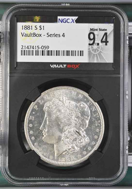 1881-S $1 Morgan Silver Dollar NGCX Mint State 9.4 Vaultbox Series 4