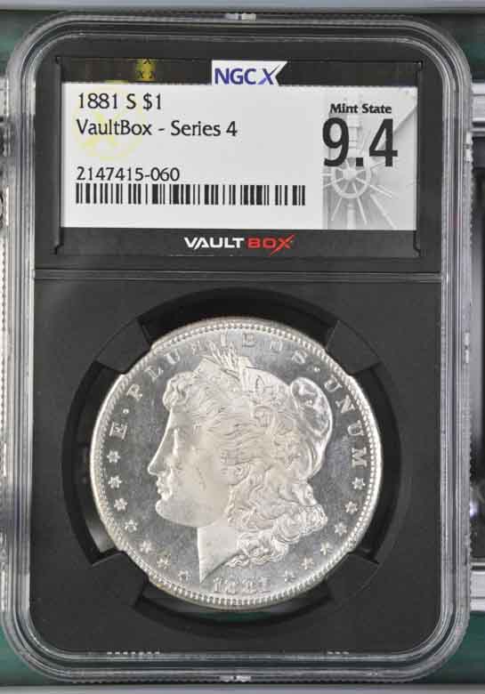 1881-S $1 Morgan Silver Dollar NGCX Mint State 9.4 Vaultbox Series 4