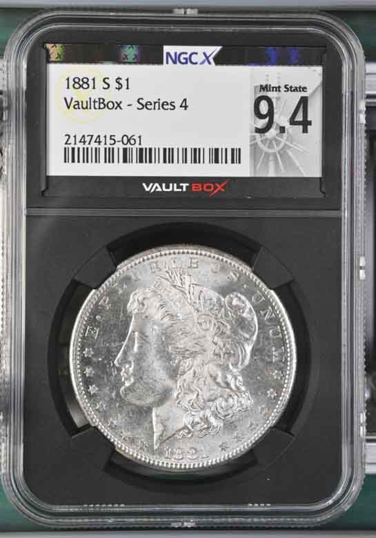 1881-S $1 Morgan Silver Dollar NGCX Mint State 9.4 Vaultbox Series 4