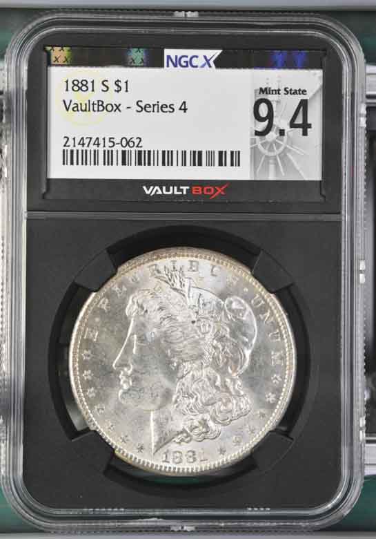 1881-S $1 Morgan Silver Dollar NGCX Mint State 9.4 Vaultbox Series 4