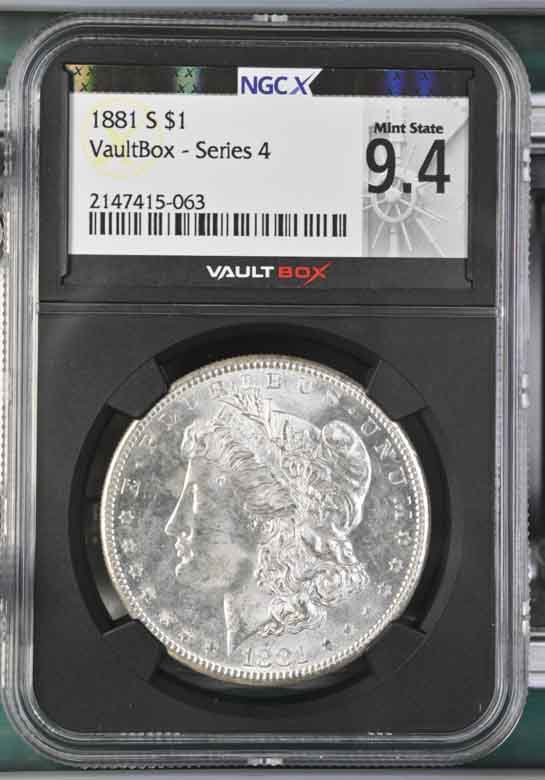 1881-S $1 Morgan Silver Dollar NGCX Mint State 9.4 Vaultbox Series 4