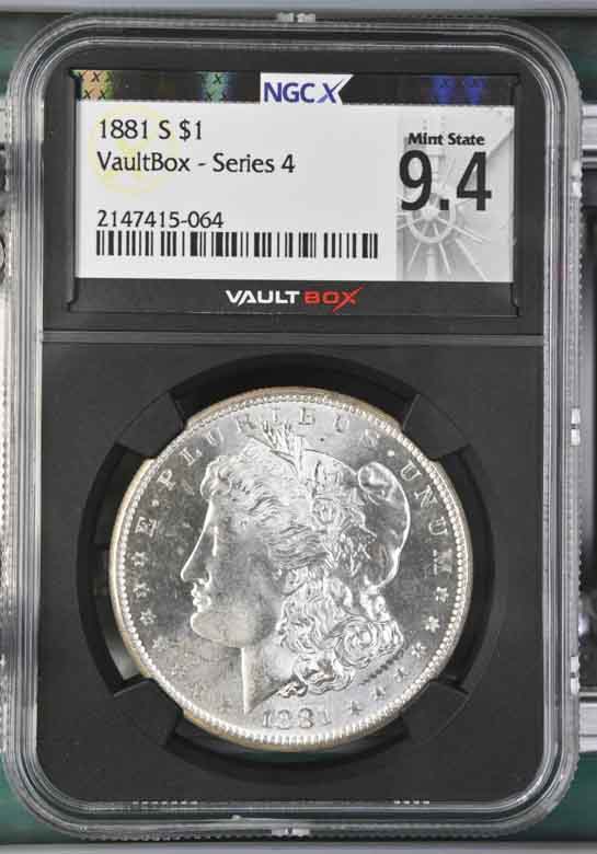 1881-S $1 Morgan Silver Dollar NGCX Mint State 9.4 Vaultbox Series 4