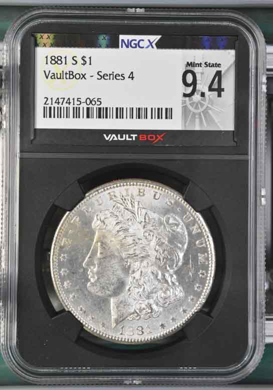 1881-S $1 Morgan Silver Dollar NGCX Mint State 9.4 Vaultbox Series 4