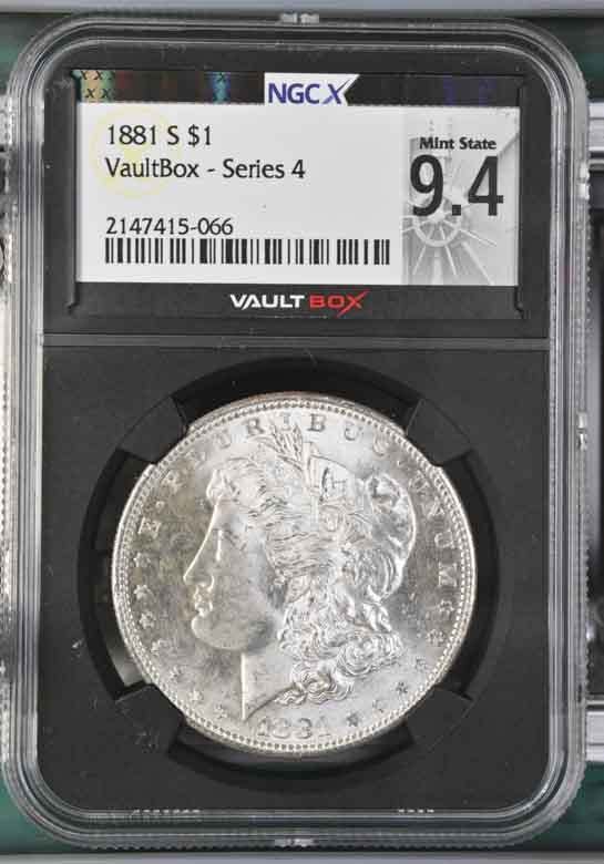 1881-S $1 Morgan Silver Dollar NGCX Mint State 9.4 Vaultbox Series 4