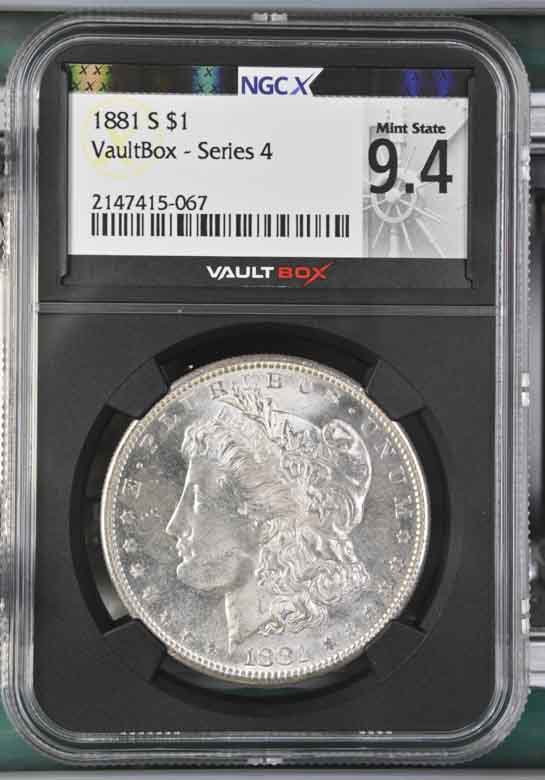 1881-S $1 Morgan Silver Dollar NGCX Mint State 9.4 Vaultbox Series 4
