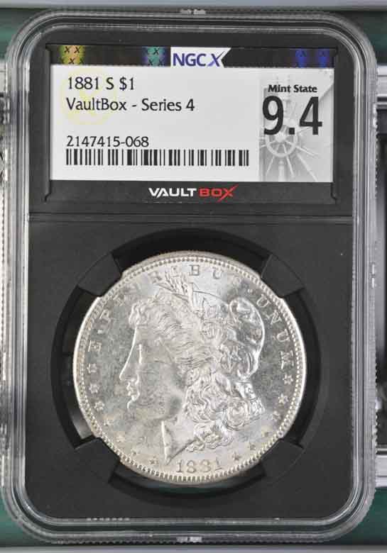 1881-S $1 Morgan Silver Dollar NGCX Mint State 9.4 Vaultbox Series 4