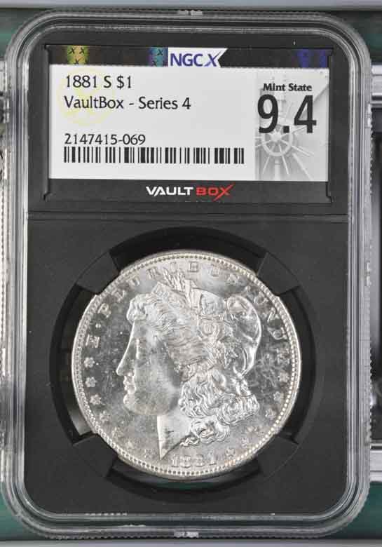 1881-S $1 Morgan Silver Dollar NGCX Mint State 9.4 Vaultbox Series 4
