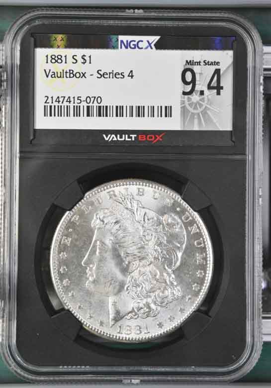 1881-S $1 Morgan Silver Dollar NGCX Mint State 9.4 Vaultbox Series 4