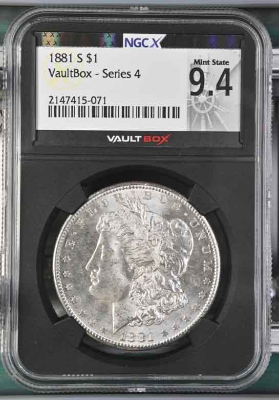 1881-S $1 Morgan Silver Dollar NGCX Mint State 9.4 Vaultbox Series 4