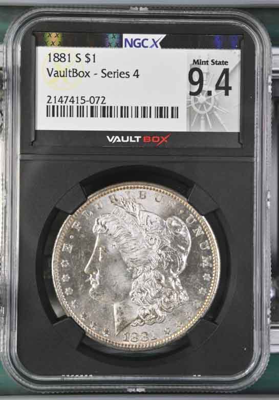 1881-S $1 Morgan Silver Dollar NGCX Mint State 9.4 Vaultbox Series 4