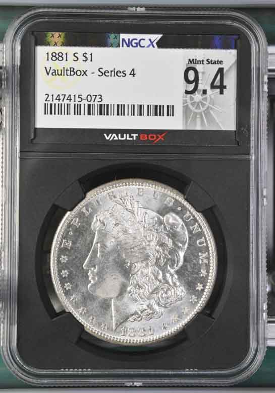 1881-S $1 Morgan Silver Dollar NGCX Mint State 9.4 Vaultbox Series 4