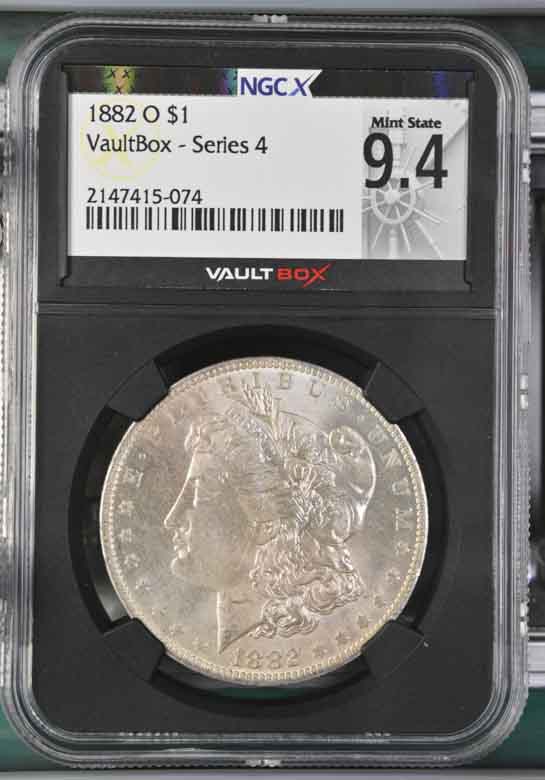 1882-O $1 Morgan Silver Dollar NGCX Mint State 9.4 Vaultbox Series 4