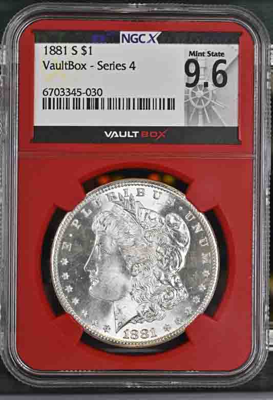 1881-S $1 Morgan Silver Dollar NGCX Mint State 9.6 Vaultbox Series 4