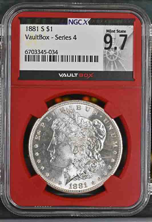 1881-S $1 Morgan Silver Dollar NGCX Mint State 9.7 Vaultbox Series 4