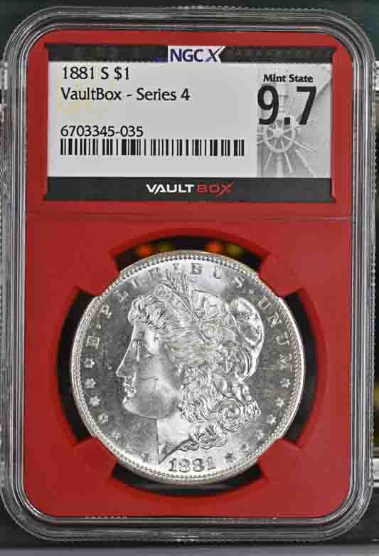 1881-S $1 Morgan Silver Dollar NGCX Mint State 9.7 Vaultbox Series 4